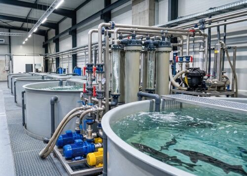 several fish tanks filled with water in a fish farming facility. the tanks are arranged in rows with pipes and equipment nearby.