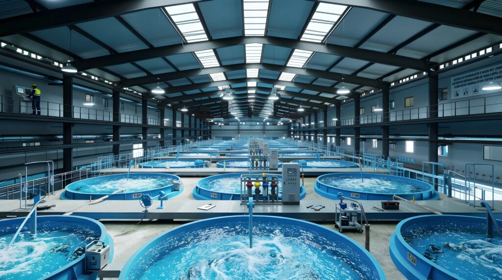 modern indoor aquaculture facility featuring circular water tanks for sustainable fish farming and seafood production