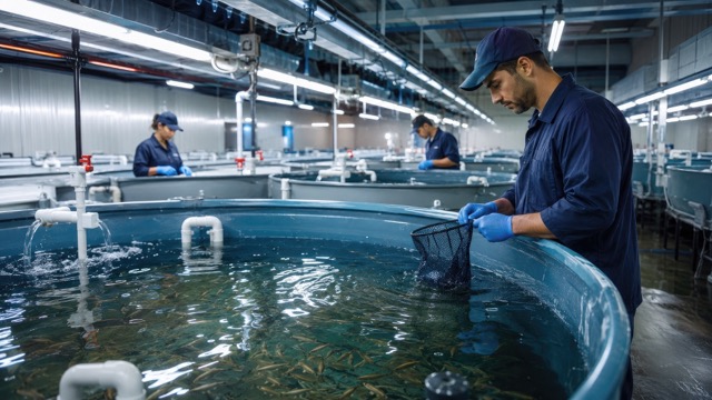indoor aquaculture facility with workers tending circular fish tanks, nets, and juvenile fish in a controlled recirculating system