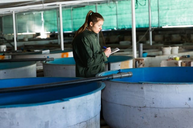 woman inspecting tanks for rearing trout on farm